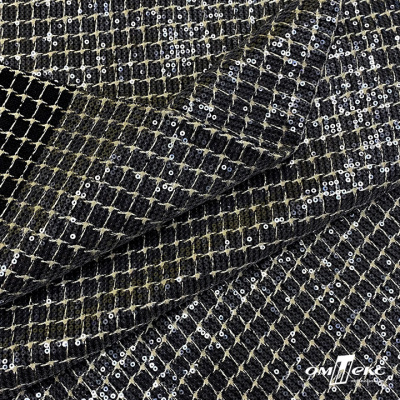Ткань костюмная с пайетками, 100%полиэстр, 460+/-10 гр/м2, 150см #309 - цв. чёрный - купить в Набережных Челнах. Цена 1 203.93 руб.